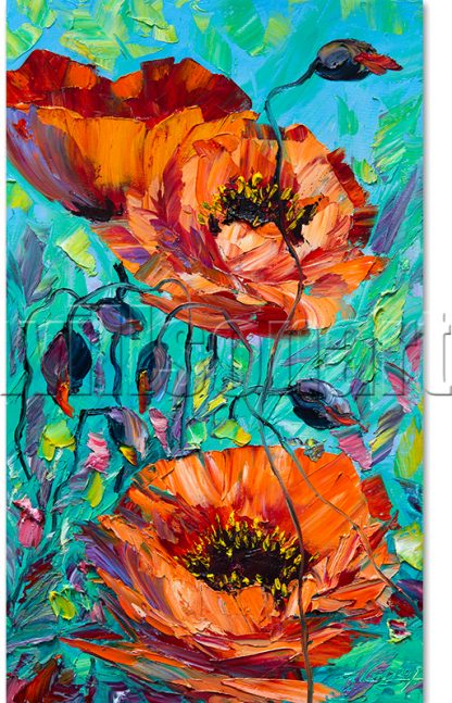 Red Poppy Flower Oil Painting Textured Palette Knife Original Art 12X20