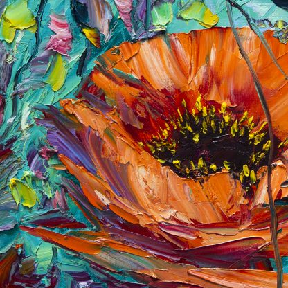 Red Poppy Flower Oil Painting Textured Palette Knife Original Art 12X20