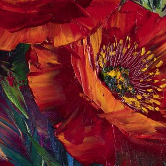 Red Poppy Flower Oil Painting Textured Palette Knife Original Art 12X20