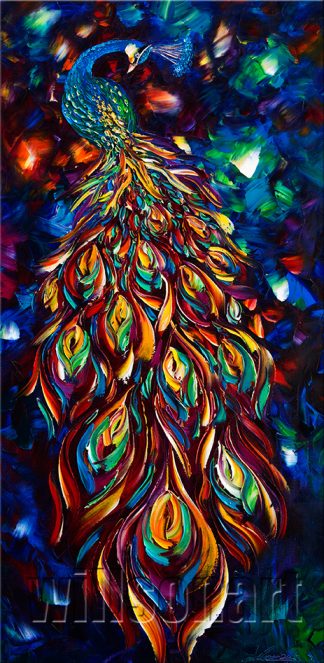 animal art peacock bird textured palette knife canvas painting wall decor 20x40inches