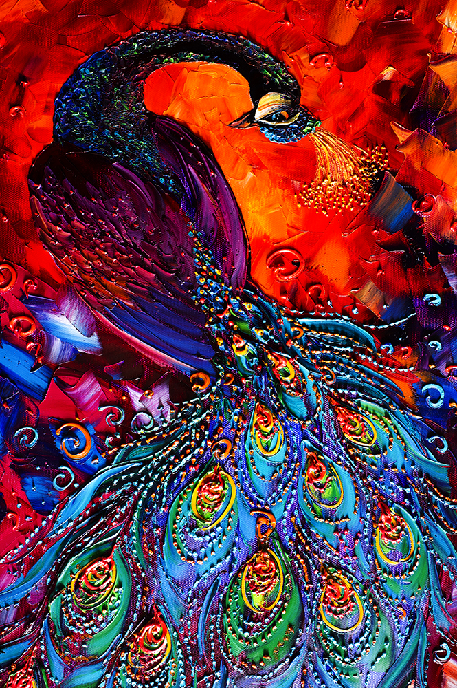 animal art peacock textured palette knife canvas oil painting 20x40inches
