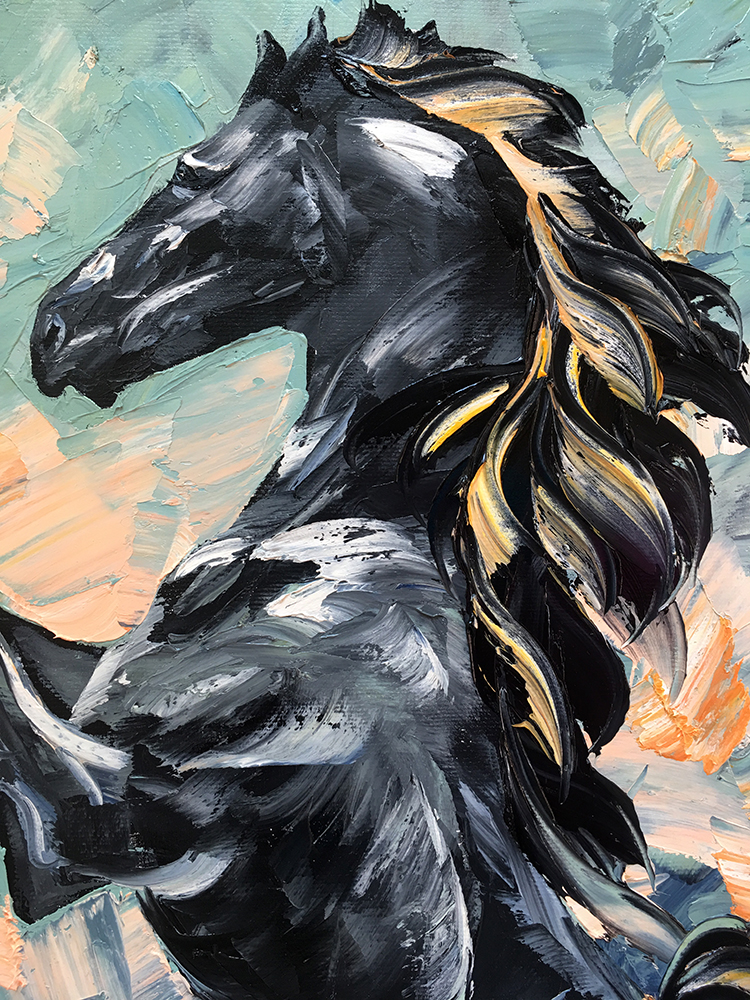 animal portrait textured palette knife horse canvas painting 18x36inches