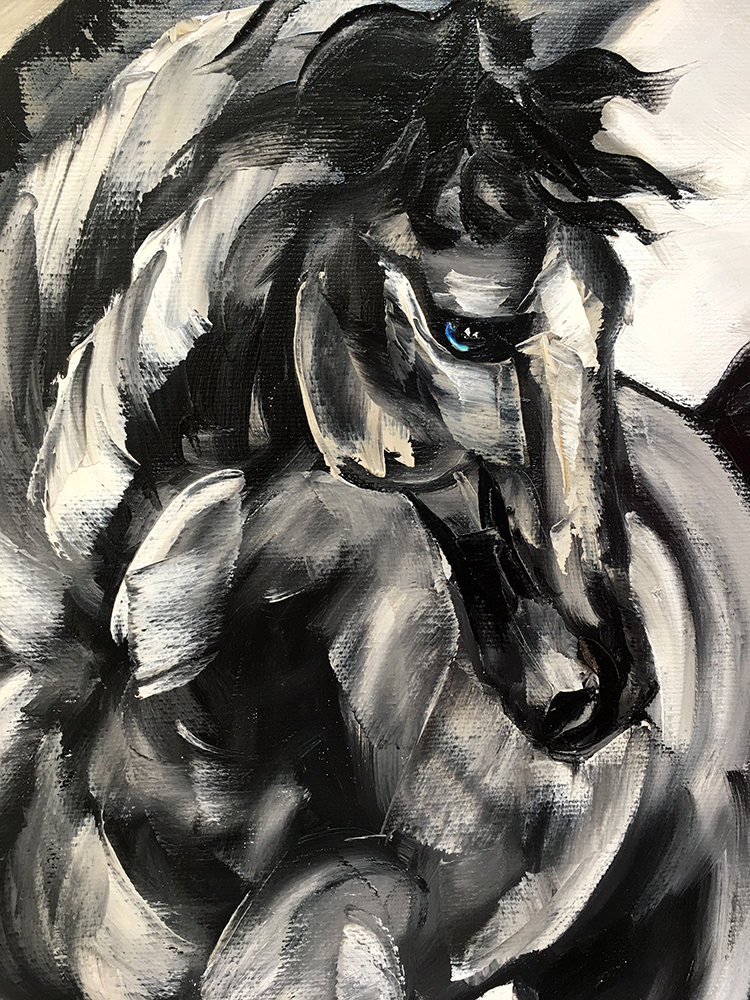 animal portrait textured palette knife horse-oil painting 18x36inches