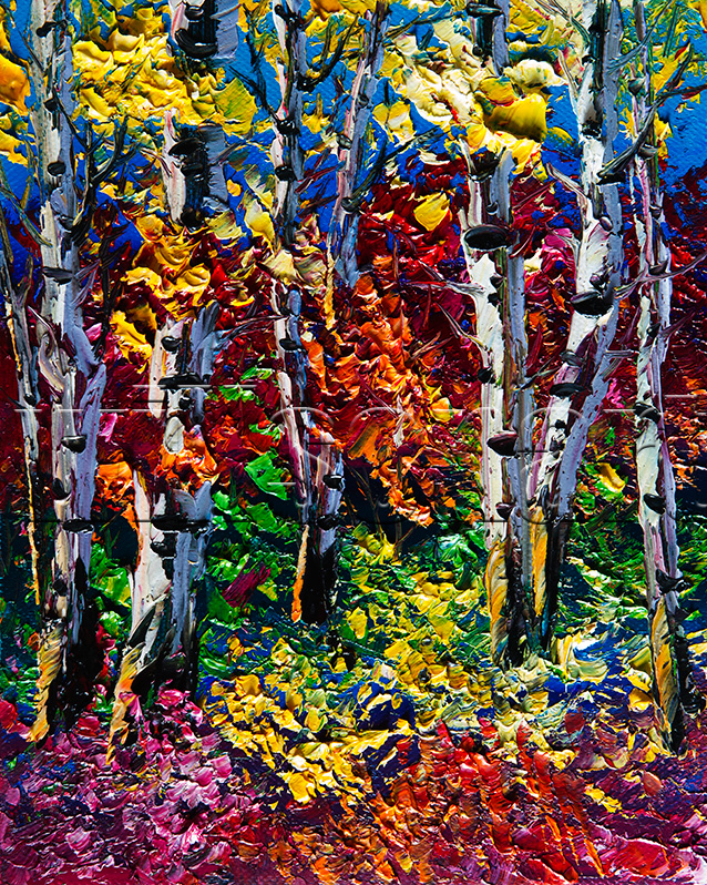 autumn birch forest seasons landscape tree textured canvas painting