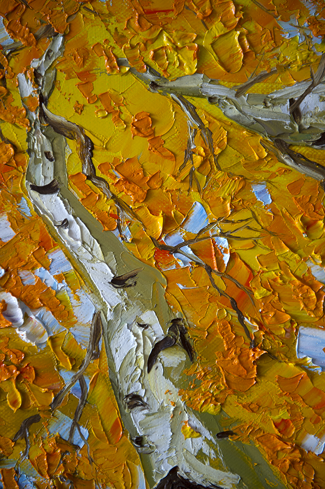 autumn birch forest seasons landscape tree textured palette knife canvas painting