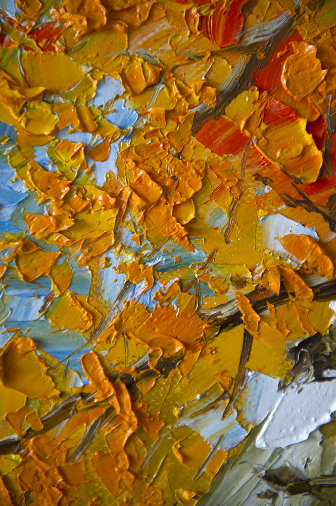 autumn birch forest seasons landscape tree textured palette knife canvas painting