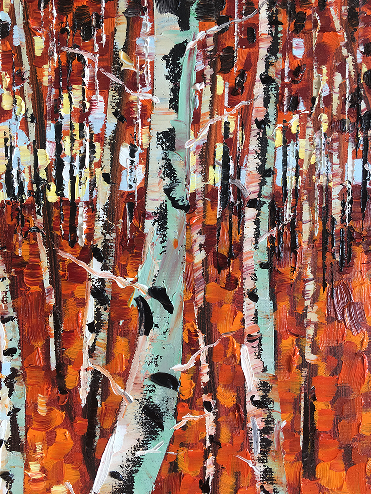 autumn landscape birch forest textured palette knife canvas oil painting