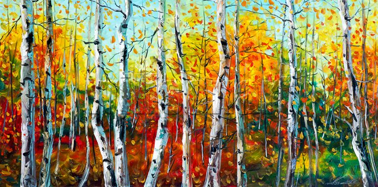 autumn landscape birch forest textured palette knife oil painting