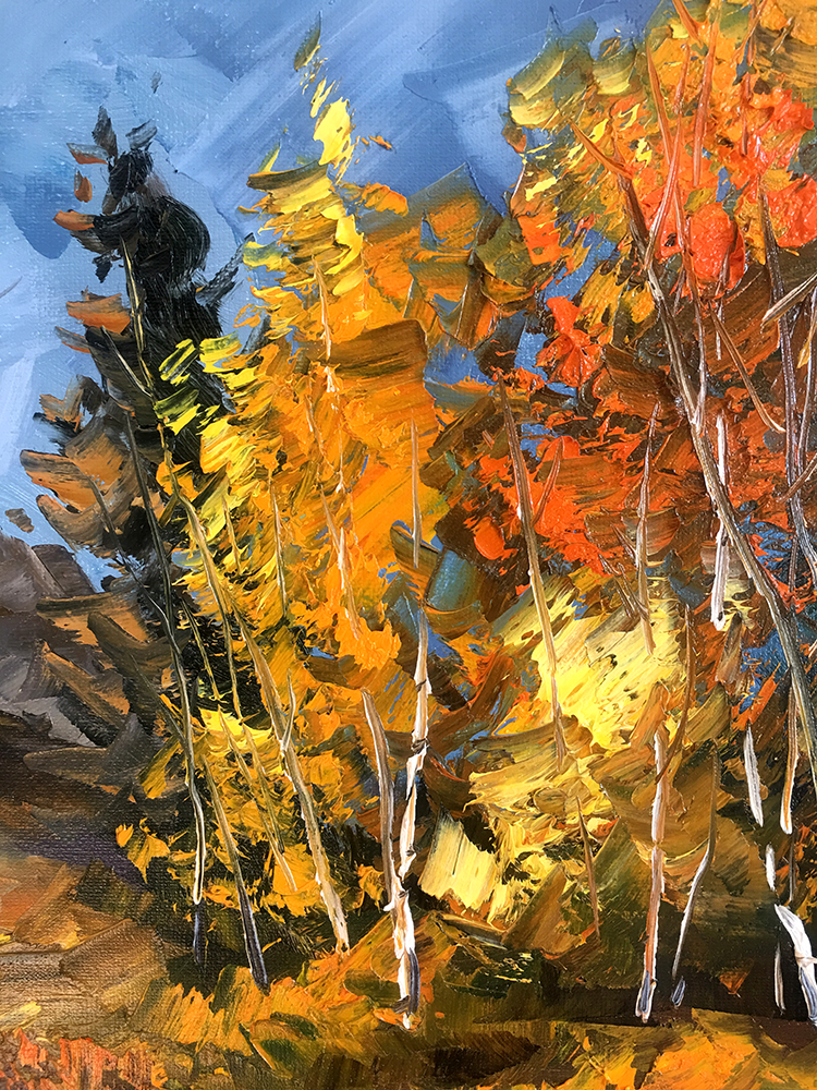 autumn landscape birch tree fall colors textured palette knife canvas painting 16x20inches
