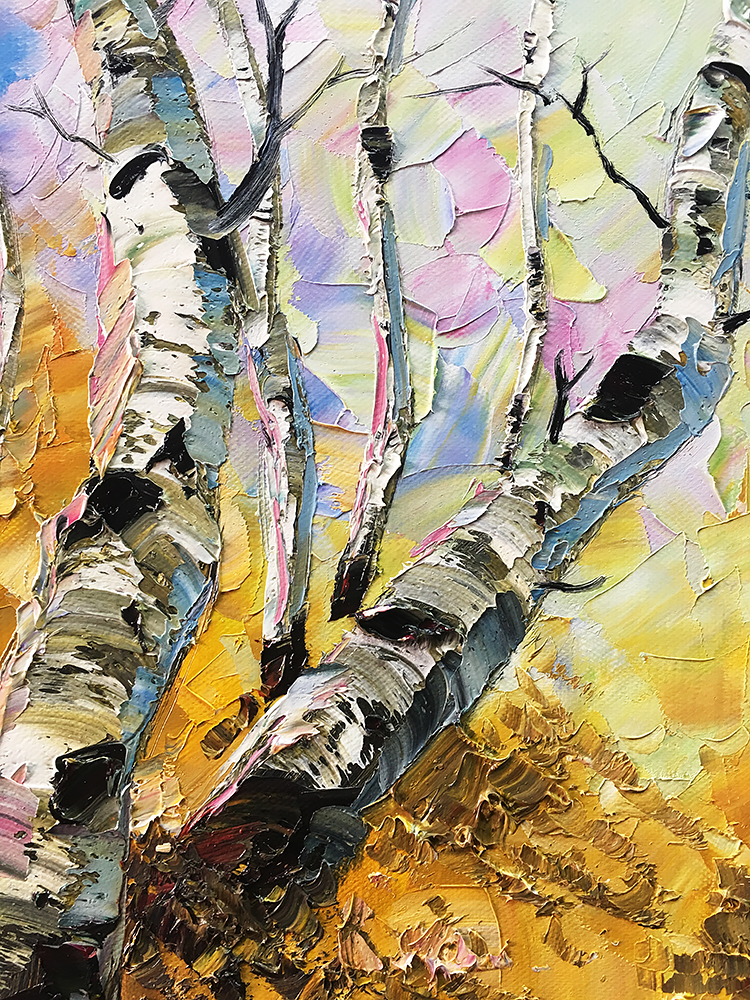 birch forest seasons landscape tree textured palette knife canvas painting