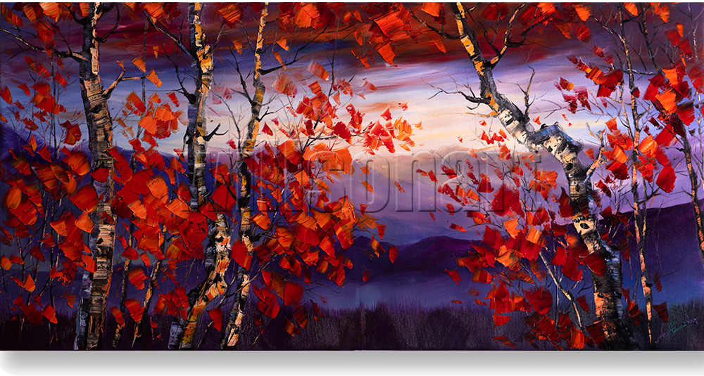 birch red leaves landscape textured large oil painting