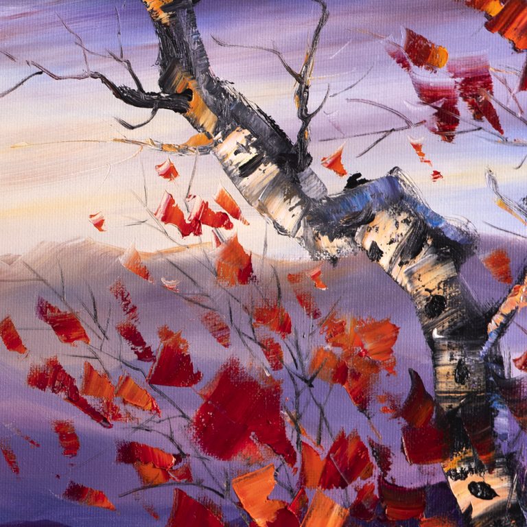 birch red leaves landscape textured large oil painting