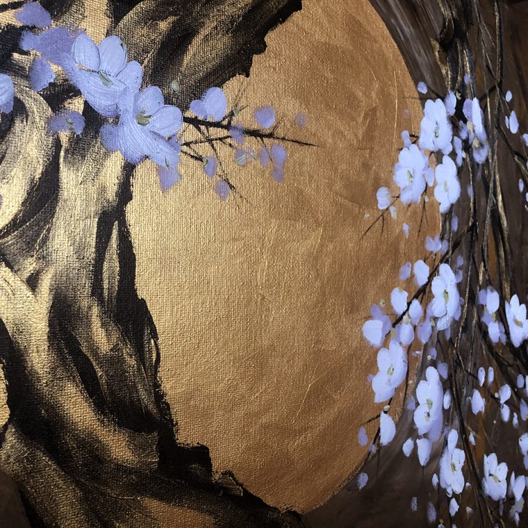 golden zen asian blossom large oil painting