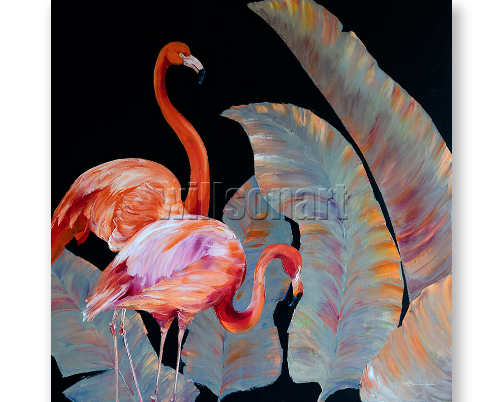 Flamingo Oil Painting Textured Palette Knife Contemporary Modern Original Animal  Art 30X30 – Original Textured Palette Knife Paintings by Willson Lau