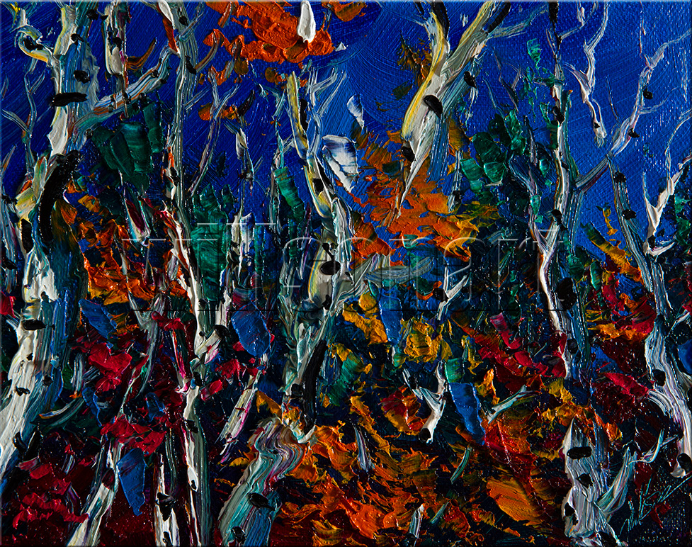landscape tree autumn birch forest textured palette knife canvas painting interior art