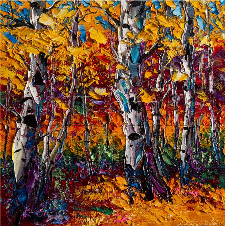 landscape tree autumn birch forest textured palette knife painting interior art