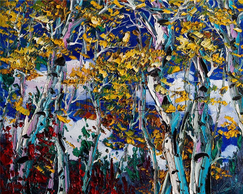 landscape tree autumn birch forest textured palette knife painting interior art