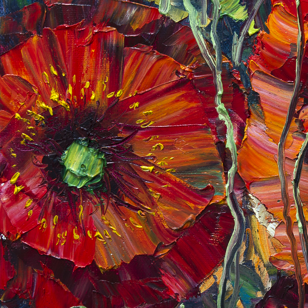 red poppies field flower textured oil painting