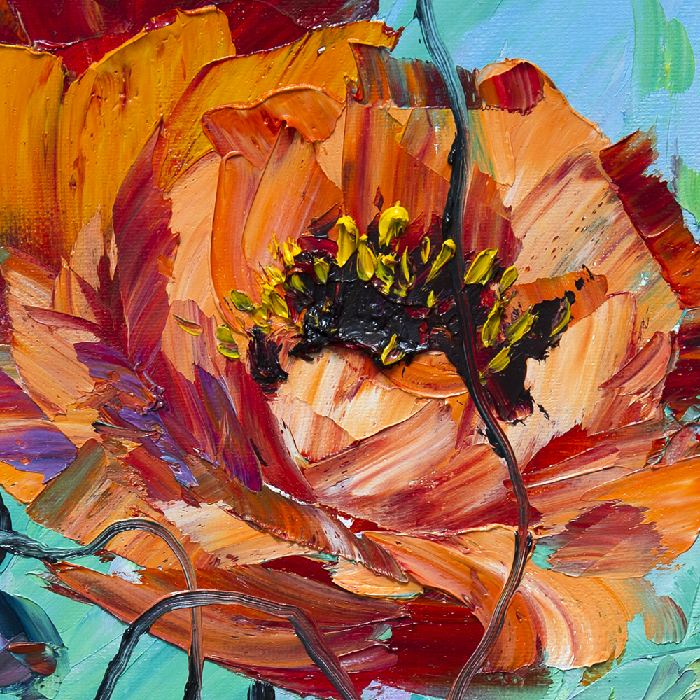 textured red poppy palette knife oil painting closeup