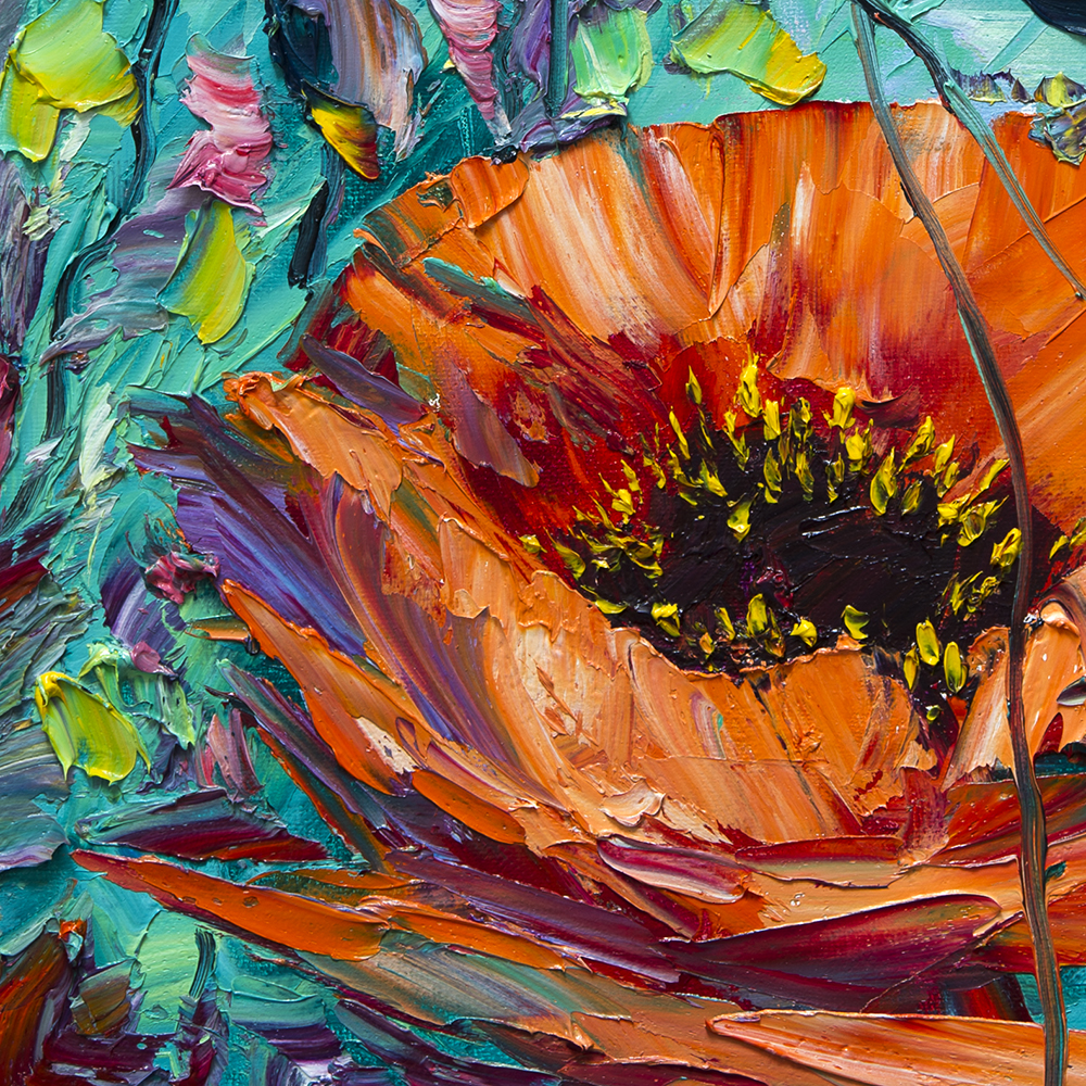 textured red poppy palette knife oil painting closeup