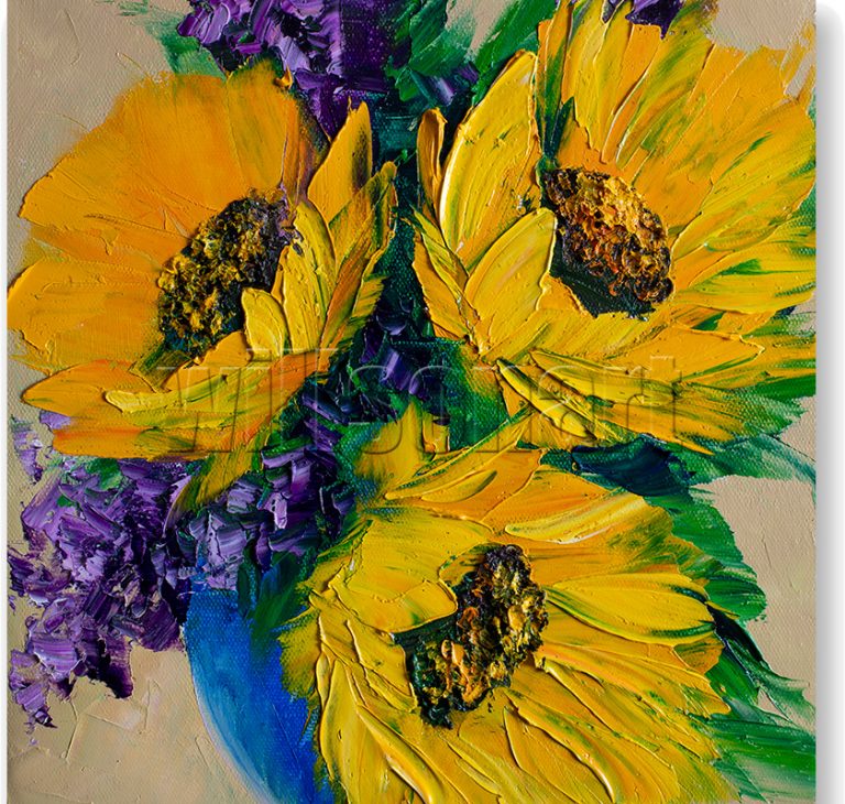 sunflower blue vase textured palette knife canvas oil painting