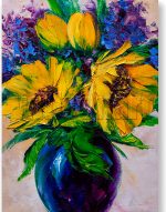 sunflower blue vase textured palette knife canvas oil painting