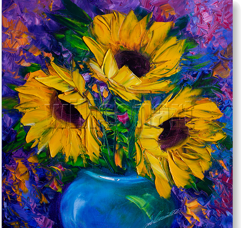 sunflower blue vase textured palette knife oil painting
