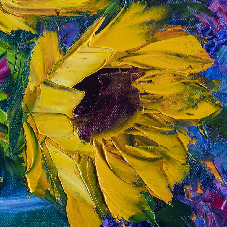 sunflower blue vase textured palette knife oil painting