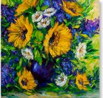 sunflower daisy blue vase flower oil painting textured palette knife