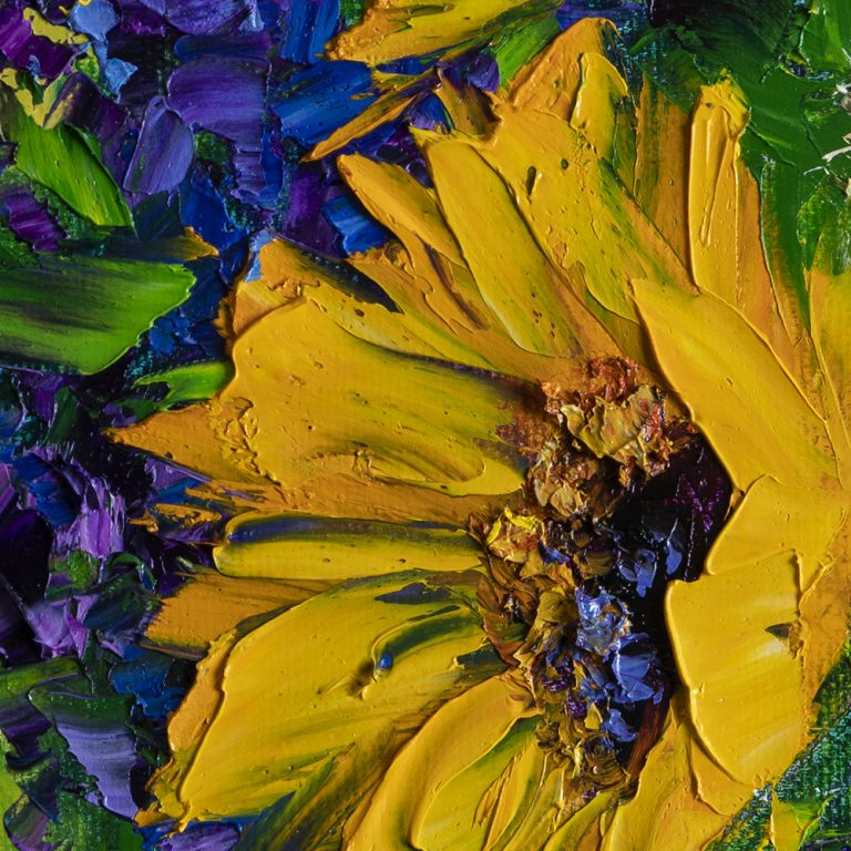sunflower daisy blue vase flower oil painting textured palette knife