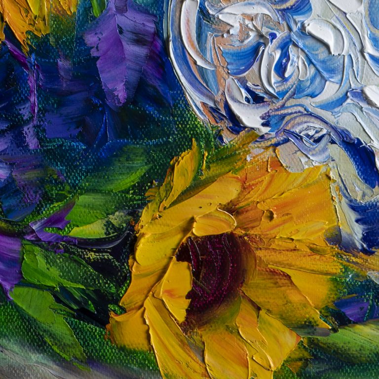 sunflower daisy vase flower oil painting textured palette knife