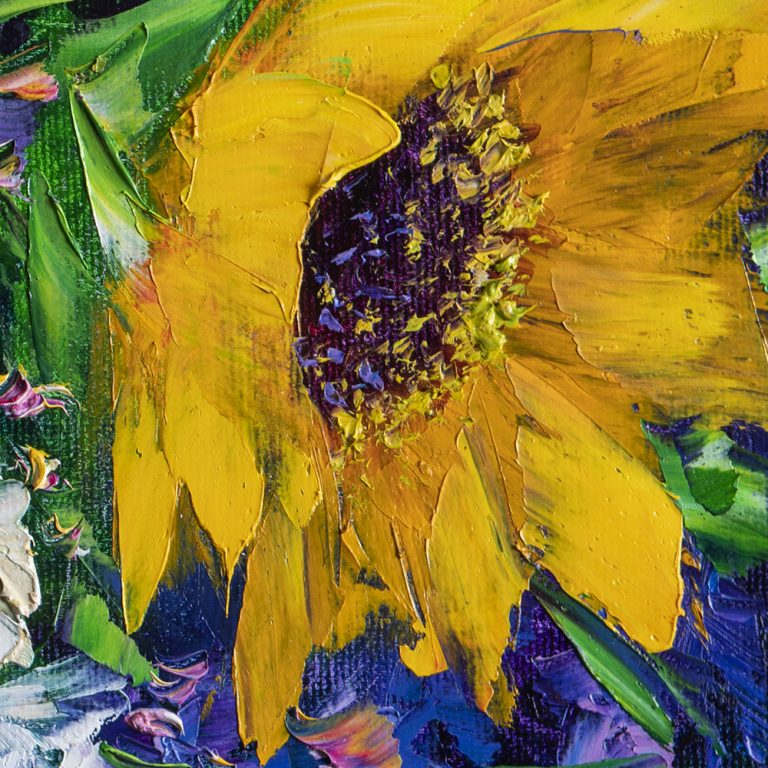 sunflower daisy vase oil painting textured palette knife