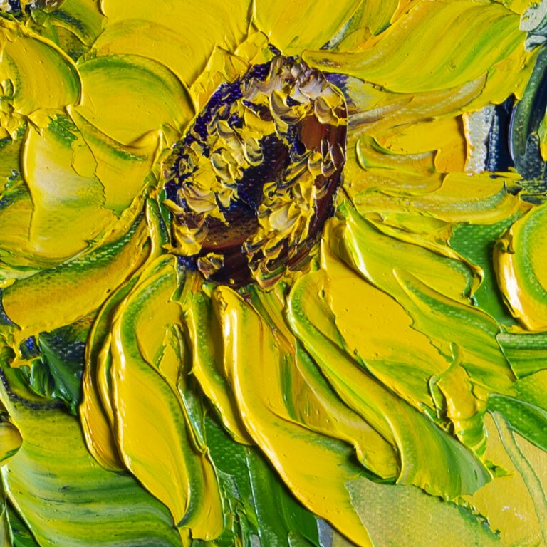 sunflower oil painting textured palette knife blue vase