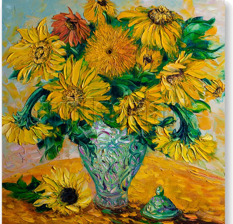 sunflower textured palette knife oil painting green vase