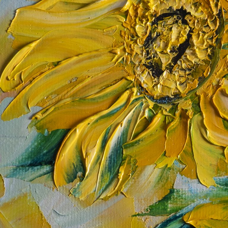 sunflower textured palette knife oil painting green vase
