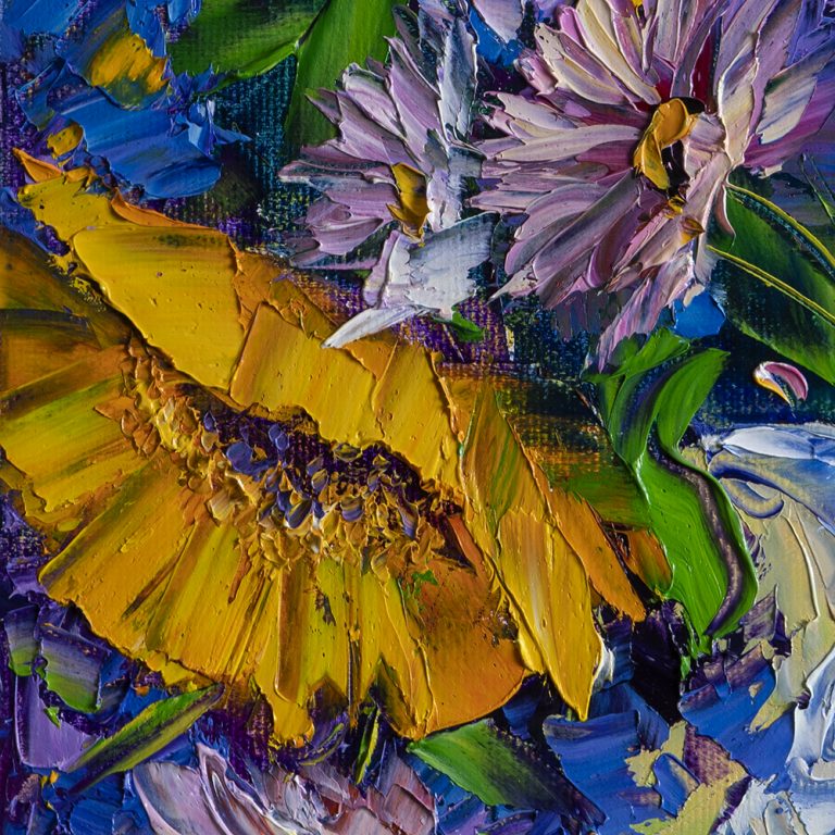 sunflower vase flower oil painting textured palette knife