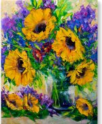 sunflower yellow flower textured palette knife canvas oil painting 16x20inches