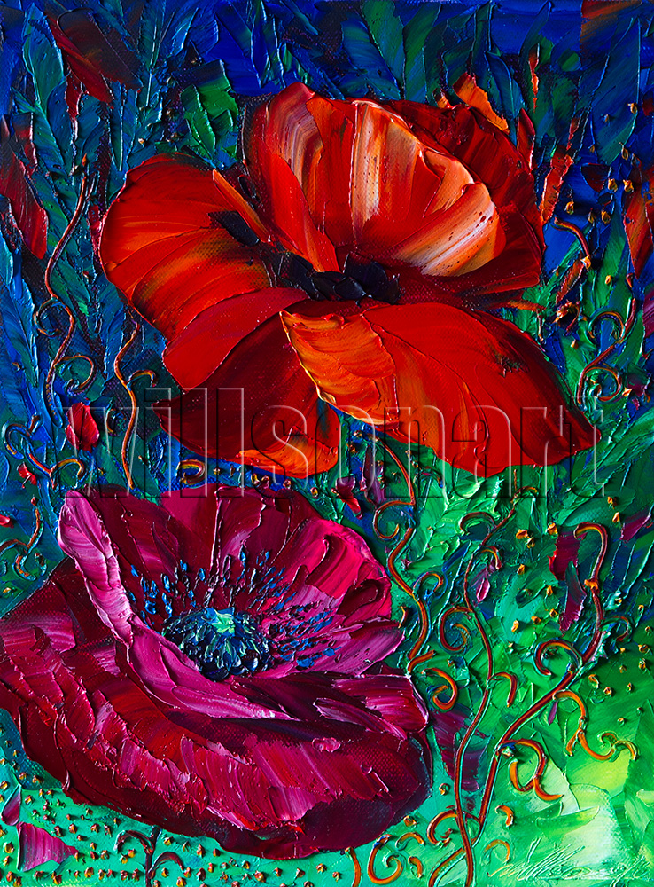 textured palette knife canvas oil painting red poppy wall decor 12x16inches