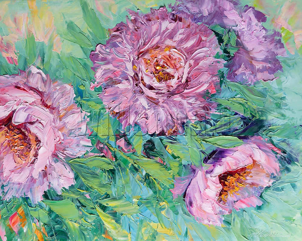 textured palette knife oil painting peony wall art