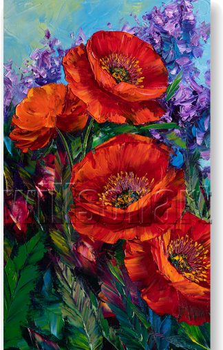 textured palette knife poppy field red flower oil painting 12x20inches