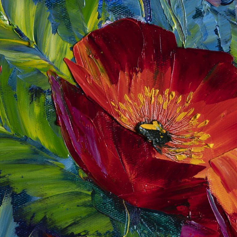 textured palette knife poppy field red flower oil painting 16x20inches