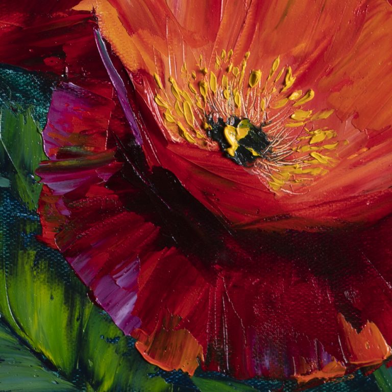 textured palette knife poppy field red flower oil painting 16x20inches
