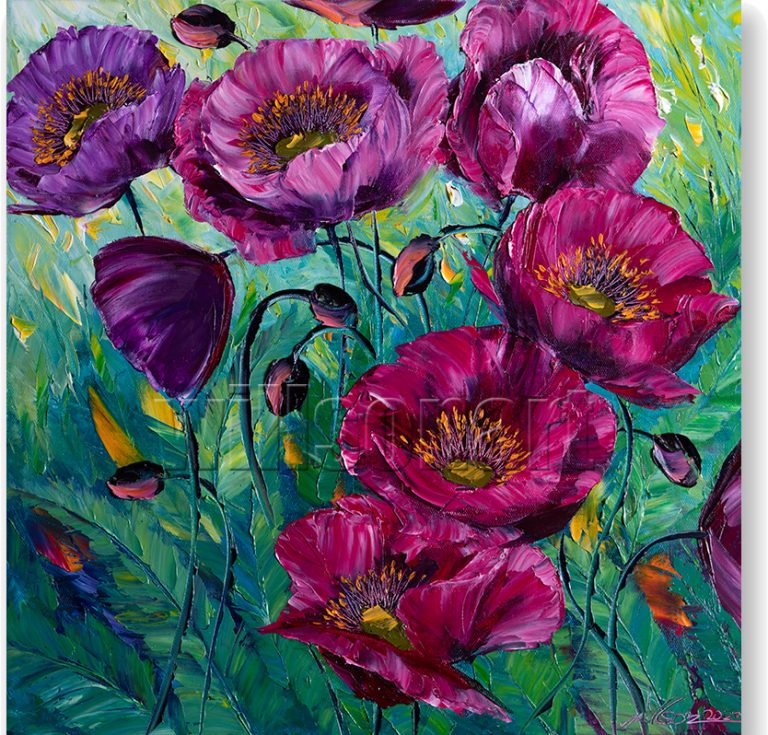 textured palette knife purple poppy field oil painting 20x20inches