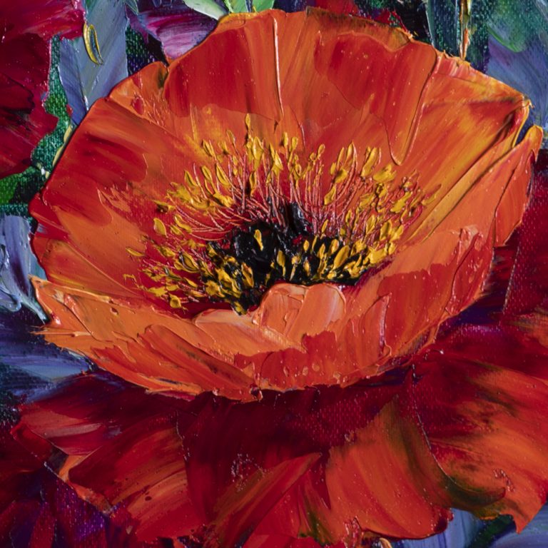 textured palette knife red poppy field oil painting 16x20inches
