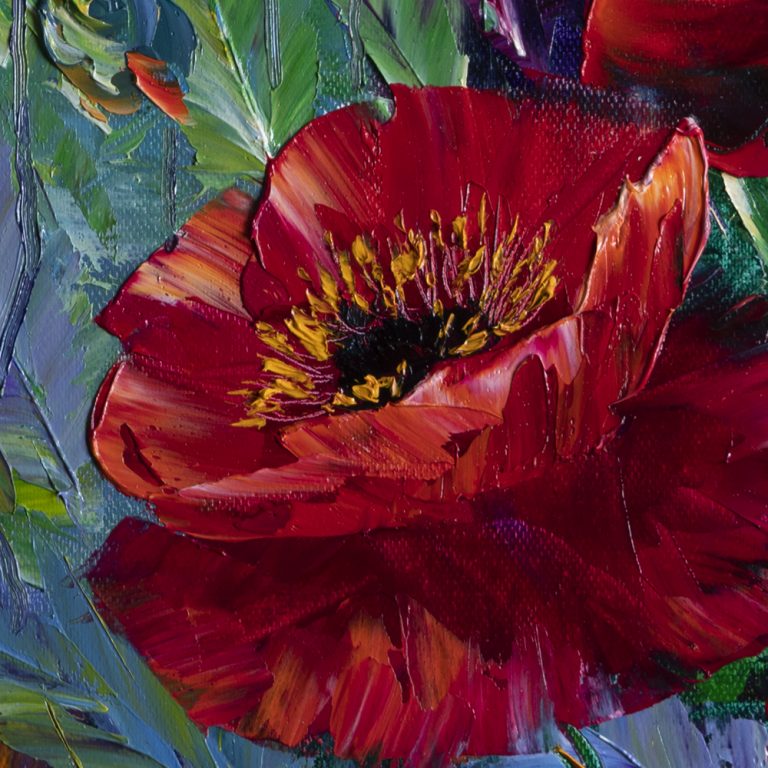 textured palette knife red poppy field oil painting 16x20inches