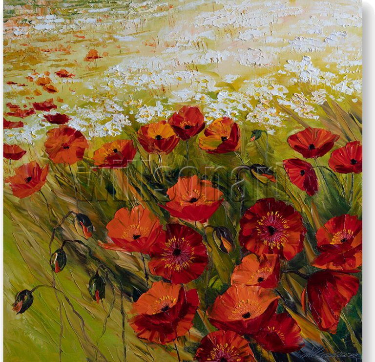 textured palette knife red poppy field oil painting 20x20inches