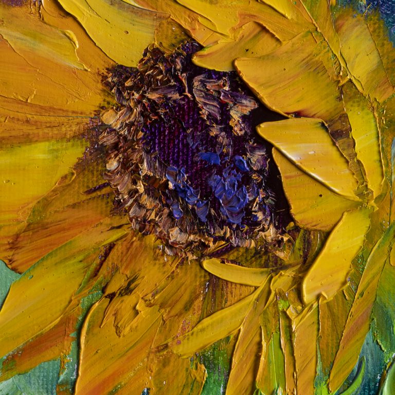 textured palette knife sunflower blue vase oil painting 16x16inches
