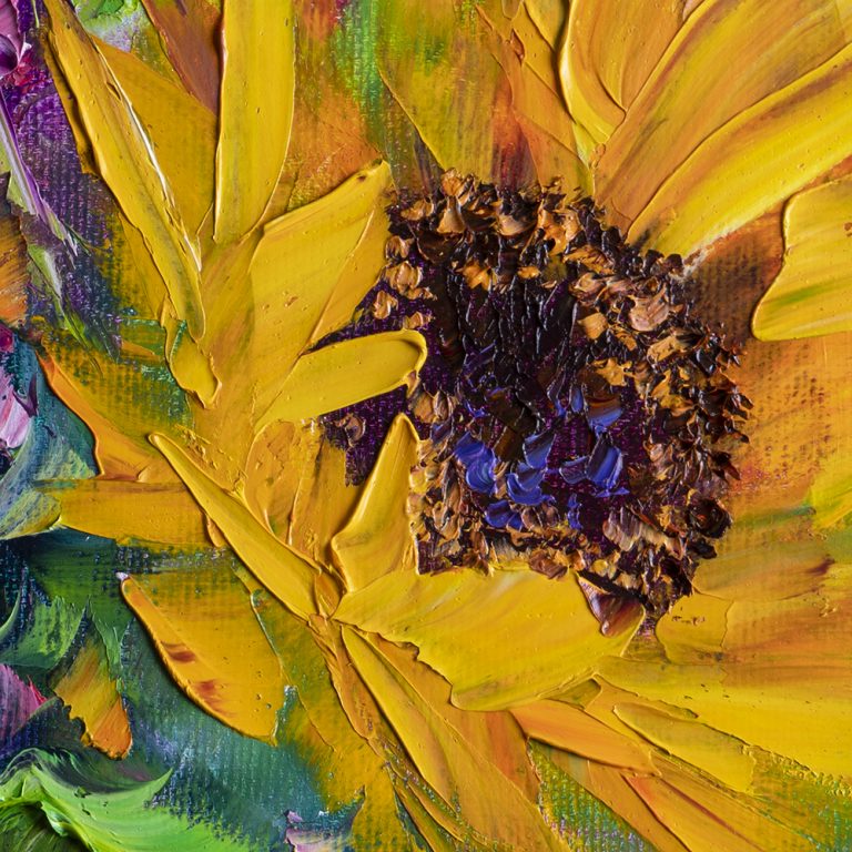 textured palette knife sunflower blue vase oil painting 16x16inches