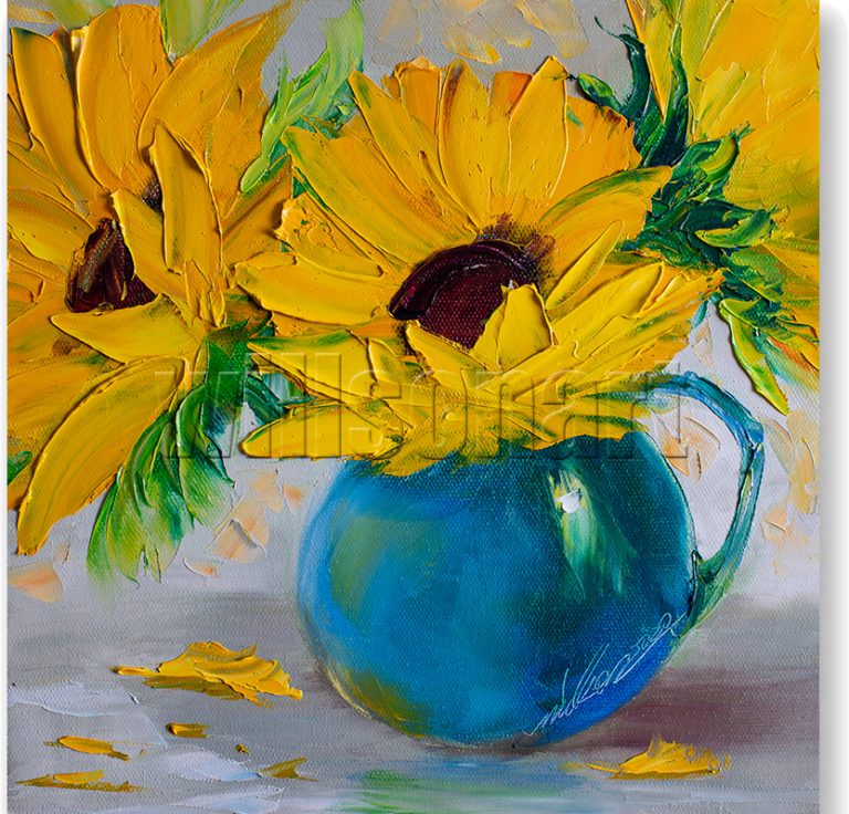 textured palette knife sunflower oil painting blue vase 12x12inches