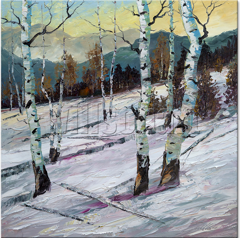winter forest birch oil painting